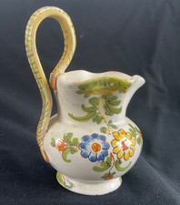 ANTIQUE CANTAGALLI FLORAL MAJOLICA  CREAM JUG - ELONGATED HANDLE COCKEREL MARK picture
