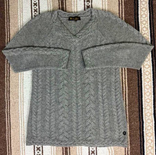 Loro Piana Gray 100% Cashmere Cable-Knit V-Neck Long Sleeve Pullover IT40 picture