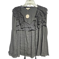 ODDI Womens Charcoal Grey Crochet Lace Eyelet Ruffle Boho Blouse IT12503 Small picture