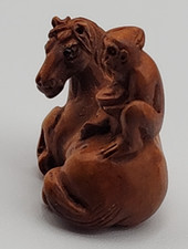 Ojime Bead? Carved Wood Monkey on Horse 2.5 cm Wide x 2.5 cm Tall Signed picture