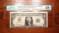 1995 One Dollar ATLANTA Note PMG AU58 EPQ MINOR MISALIGNMENT ERROR $1.00 Bill picture