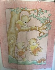 Baby Blanket Belora Pink Teddy Bears Swing Mushrooms Made In Spain 53x43 Vintage picture