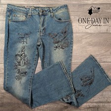 Ed Hardy Low Rise Bootcut Jeans Tattoo Mother Graphic Medium Tint NWT Size L picture