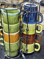 Vintage Japan Stacking Coffee Mugs Set of 8 w/ Metal Rack 1970s Stoneware picture