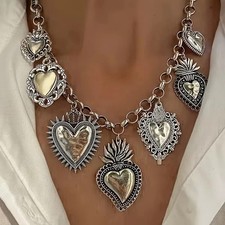 Vintage Silver Tone Hearts Bohemian Statement Chunky Necklace picture