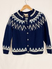 Vintage Snow-Flake Hand Knit Norwegian Wool Cardigan Nordic Ski Sweater S/M picture