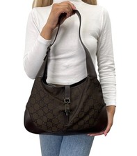 GUCCI Vintage Logo Jackie Shoulder Bag Dark Brown Silver Canvas Leather 902341 picture