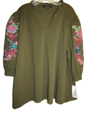 NWT Calessa Women's Plus Size 1X olive green bird of paradise embroidered blouse picture