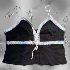 Y2K Coquette Fairy Grunge Whimsygoth Black & White Lace Babydoll Cami Top picture