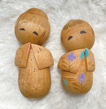Japanese Sosaku Kokeshi Sisters Pair Adjustable Head Wooden Doll Collectible 15+ picture