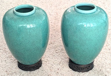 Beautiful Pair Antique Japan Awaji Pottery Vase Crackle Green 1880's w Pedestals picture