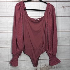 Promesa Swiss Dot Balloon Sleeve Ribbed Bodysuit Mauve Square Neck JTC10549 L picture