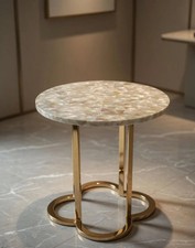 Handcrafted Round Mother of Pearl Inlay Side Table Top Luxury Mosaic Accent Arts picture
