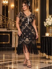 Fundaisy Women’s XXL Black Gold Sequin Fringe Gatsby Flapper Dress New picture
