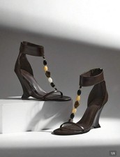 Shuzia Women's Brown Beaded Sculpted Ankle Strap Back Zipper Wedge Sandals picture