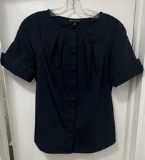 Brooks Brothers Women’s Blue Solid Short Sleeve Woven Cotton Pleated Blouse 8 picture