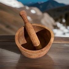Vintage Turned Wood Mortar & Pestle Primitive Rustic Kitchen Tool 5.5” picture