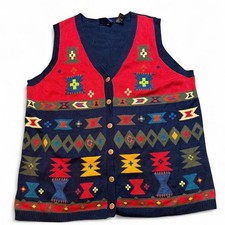 Vintage CST Blues Geometric Tribal Pattern knitted cottage core sweater vest 1X picture