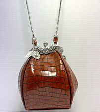 NWT VTG 90s Brighton One World Stacy Brown Croc Crossbody Leather KissLock Purse picture