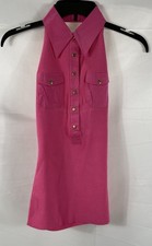 Cache Women's Peony Pink Ribbed Sleeveless Collared Top Gold Buttons Sz S NWT picture