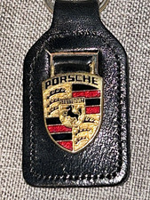 Vintage Porsche Manhattan Windsor Black Leather Enamel Crest Keyring picture