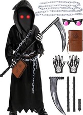 Kids Grim Reaper Costume Set, 7 PCS Scary Halloween Outfit for Boys picture