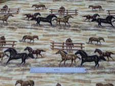 Pretty Horses on White/Tan with Fence Fleece Fabric, Sold by the Yard picture