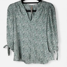 Renee C. - NWOT - Women's Green Splash Dot V-Neck Blouse Tie Sleeves Size Small picture