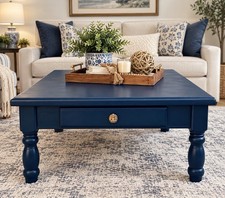 Refinished Vintage Wood Coffee Table 36” Square Navy Blue 1 Drawer picture