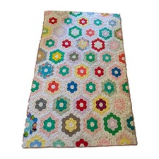 VTG Handmade Grandma’s Flower Garden Hanging Decor Scalloped Edge Quilt 86x56
