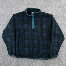 Vintage L.L. Bean Fleece Pullover Mens L Green Blue Plaid Aztec Snap Neck USA picture