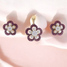 3.60 Cts Round Brilliant Cut Diamonds Ruby Pendant Earrings Set 14K Yellow Gold picture