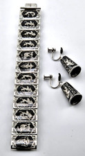 Vtg Thai Siam Sterling Niello 3Pc Bracelet Bell Earring Set Engraved GI Souvenir picture