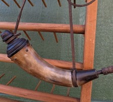 Vtg Powder Horn Musket Loading Priming Hand Carved Leather Strap Hunting Tool picture