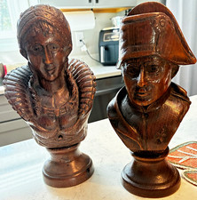 Antique French Wood Busts Napoleon & Josephine Signed H. Huisson Pair 9” picture