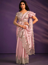 Handmade Women’s Pink Satin Saree Silver Embroidery Matching Blouse picture
