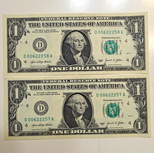 2x 2021 $1 **SEQUENTIAL**LOW SERIAL Uncirculated Federal Reserve Notes Banknotes picture