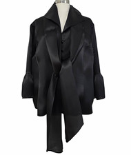 Vintage 1990s Chetta B. Blouse with  Neck Tie Scarf Bell Cuffs| Black Satin 22W picture