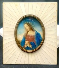 ANTIQUE ITALIAN MADONNA IN PRAYER MINIATURE PAINTING SPINE SUNBURST FRAME SIGNED picture