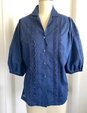 Women's Vintage 70's Boho Prairie Cottagecore Full Sleeve Navy Blouse Calico S picture