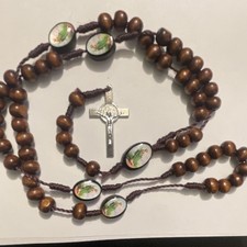 San Judas Tadeo Wooden Rosary Necklace - Dark Wood Beads Silver Crucifix New picture