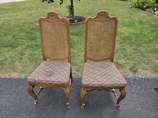 Pair Vintage Carved Wood Cane Back Chairs Upholstered Seats Local Pickup picture