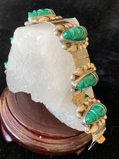 Vintage Mexican Sterling Silver Green Onyx Carved Panel Bracelet 49.4g picture