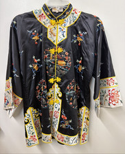 Vintage Esme Chinese Silk Blend Embroidered Jacket Robe Pajama Top Black Size M picture