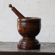 Antique treen early 18th century fruitwood mortar and pestle, English, turned picture