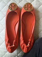 Tory Burch Orange Leather Ballet Flats Logo Accent Slip-On US 6 Round Toe picture
