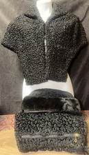 VINTAGE 1940s Black Karakul Persian Lamb Womens Evening Set Shawl Hat & Muff picture