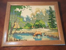 Vintage Framed Needlepoint Deer Forest Landscape Wall Art Wood Frame 13x16 picture