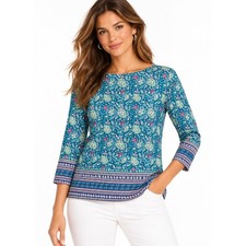 Talbots Floral Boatneck Tee Teal Blue Multicolor 3/4 Sleeve Top Large NWT picture
