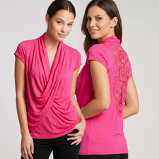 B'Leev Women's Draped Front and Crochet Back Top in Bright Pink and size Medium picture